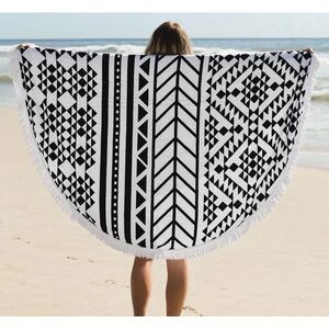 The Beach People Aztec Round Black & White Beach Towel with Fringe 5'